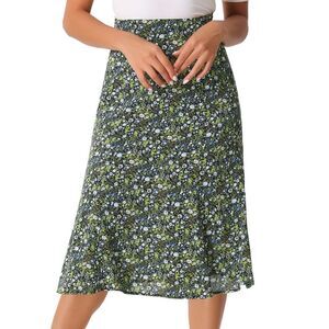 Floral Peasant Elastic Waist A-Line Leave Print Midi Skirt Black Green